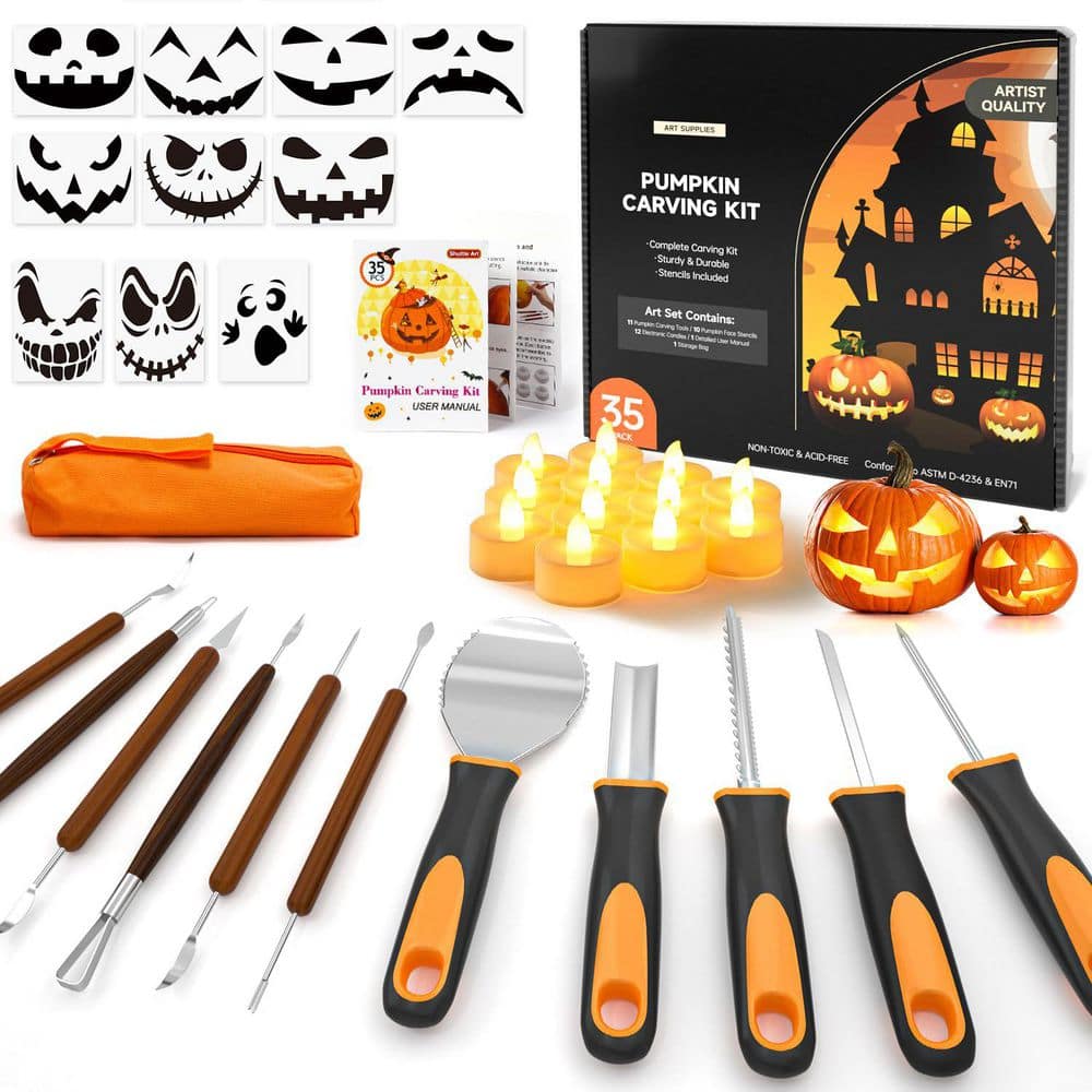 Pumpkin Carving Kit For Kids - 42 Piece Set With Tools, LED Candles & Stencils