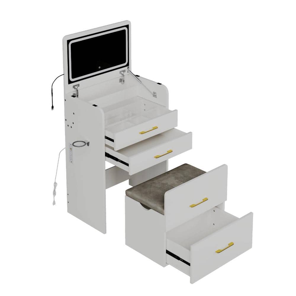 1-Piece White Vanity Desk with Power Outlet, LED Mirror & Padded Stool durable construction
