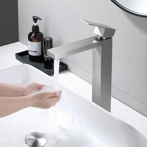 Single Handle Vessel Sink Faucet Bathroom Faucet with 15° Angled Spout Splash-Free Soft Water Flow in Brushed Nickel