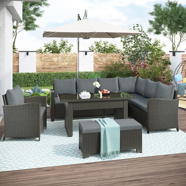 Afoxsos 6-Piece Gray PE Rattan Wicker Outdoor Conversation Sectional, Dining Table Chair with Bench and Gray Cushions