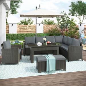 6-Piece Wicker Patio Conversation Sectional Seating Set with Gray Cushions and Bench
