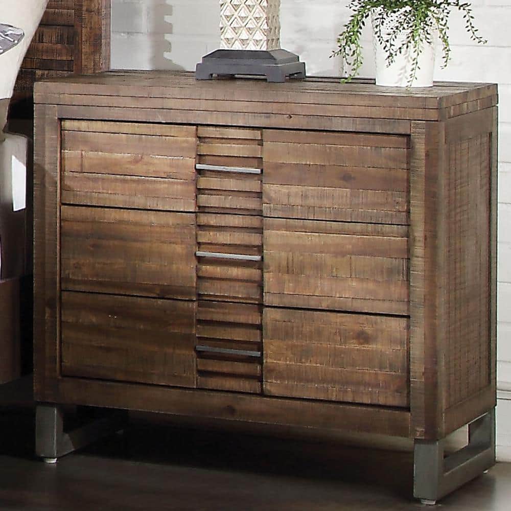 Andria Rustic Brown Wood Nightstand with 3 Drawers and Metal Legs
