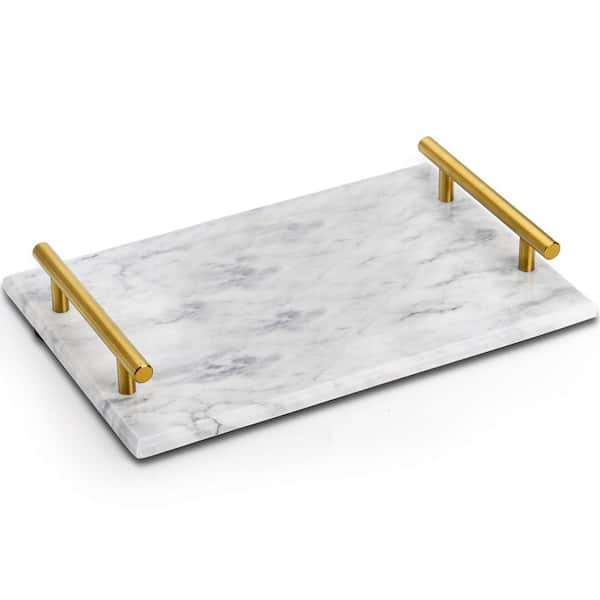 Unbranded 12" White Marble Stone Decorative Tray with Gold Handles Nightstand Serving Tray for Vanity Coffee Table Desk
