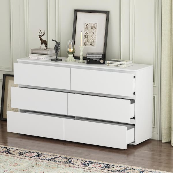 Modern 6 Drawer Dresser With Wooden Leg And Handle, Brown+white
