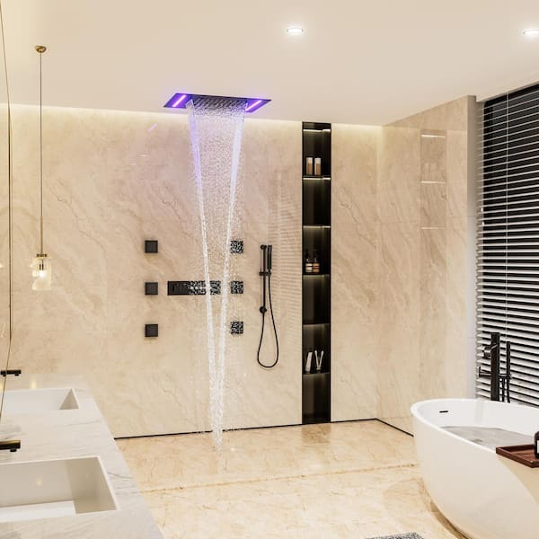 Luxury 5-Spray 2.5 GPM 19.7 in. Thermostatic Ceiling Mount Dual Shower Heads with LED and 6-Jet in Matte Black