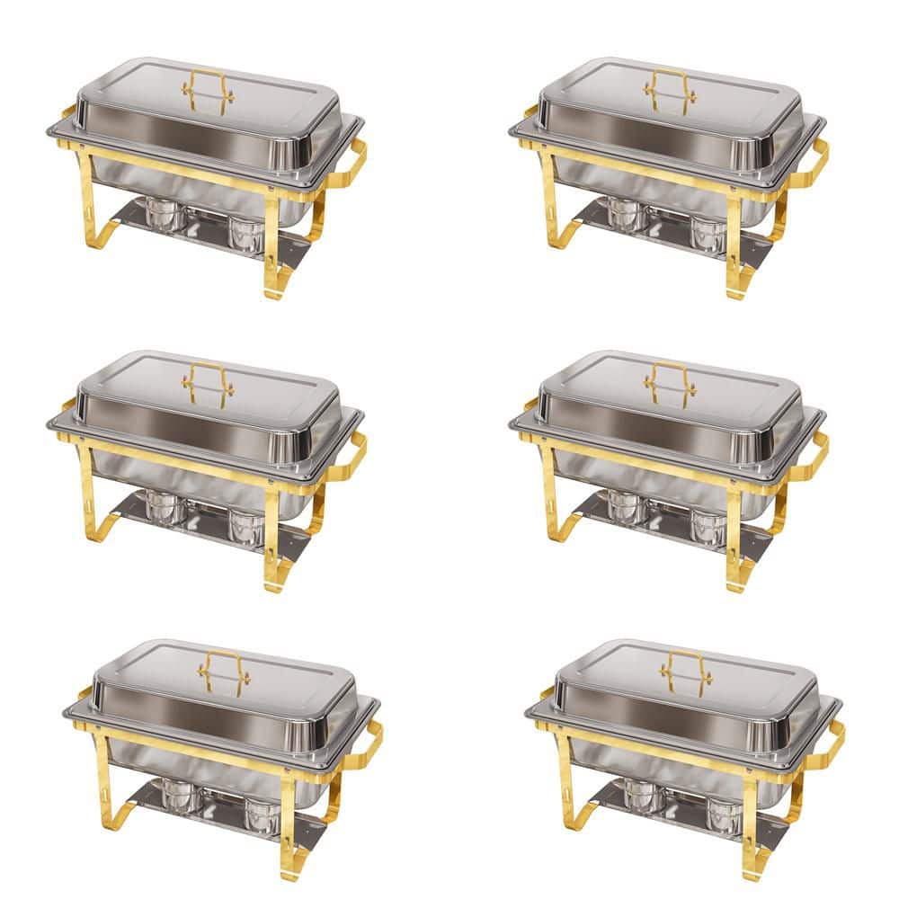 8 Qt. 6-Pack Stainless Steel Chafing Dish Buffet Set with Rolled-Edge Design in Gold and Silver for Weddings and Events