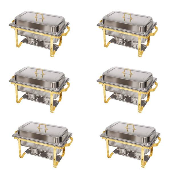 HOMEIBRO 8 Qt. 6-Pack Stainless Steel Chafing Dish Buffet Set with Rolled-Edge Design in Gold and Silver for Weddings and Events