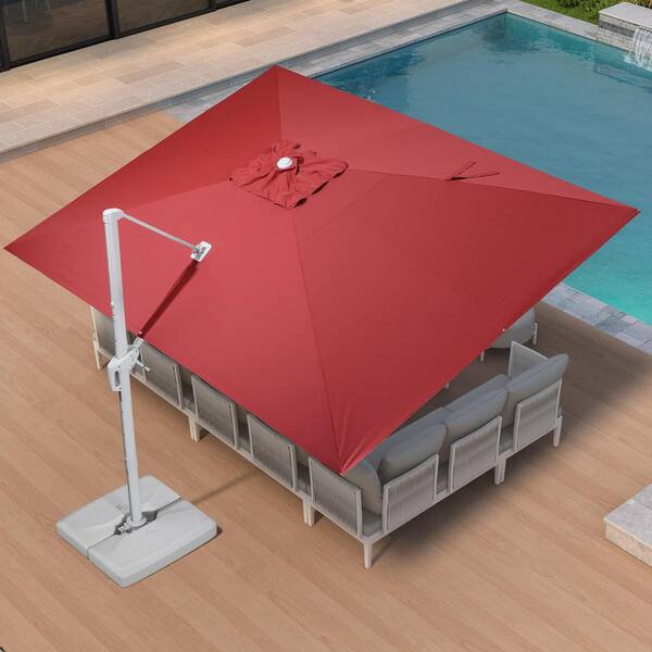 PURPLE LEAF 10 ft. x 13 ft. Outdoor Patio Cantilever Umbrella White Aluminum Offset 360° Rotation Umbrella in Red