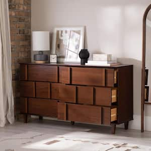 Modern Walnut 6-Drawer 60 in. Wood Dresser with Vertical Accents