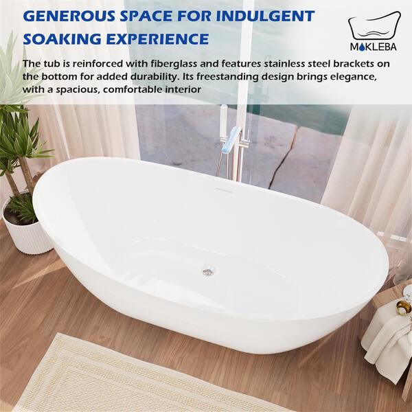 67 in. Double Slipper Acrylic Freestanding Flatbottom Bathtub with Polished Chrome Drain Soaking Tub in White