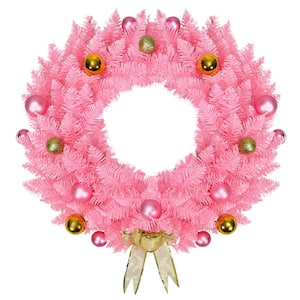 24 in. Pink Artificial PVC Christmas Wreath 140 Tips with Ornament Balls and Golden Bow