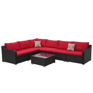7-Piece Wicker Patio Conversation Set with Red Cushions for Garden, Porch, Backyard