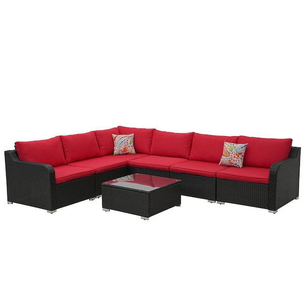 Zeus & Ruta 7-Piece Wicker Patio Conversation Set with Red Cushions for Garden, Porch, Backyard