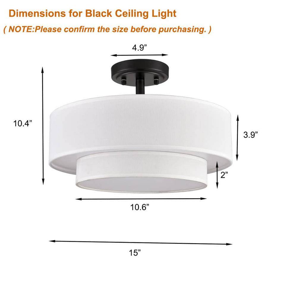 Polished Black Dual-Layer Drum Fabric Shade Semi Flush Mount Light