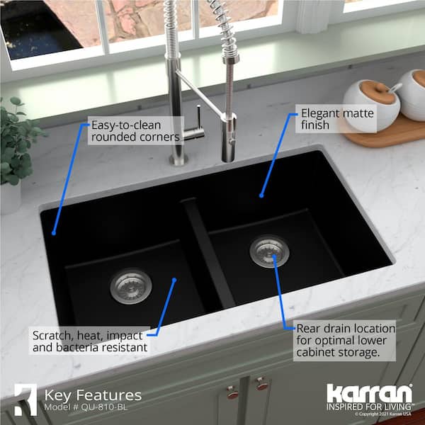 Karran QU-810 PK1 32 inch Undermount Double Bowl 50/50 Quartz Kitchen Sink Kit in White