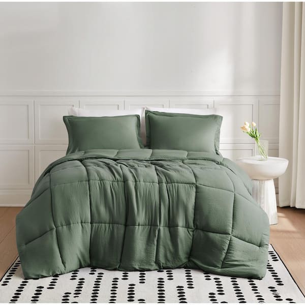 Garment Wash Solid Microfiber Green Full/Queen 3-Piece Comforter Set