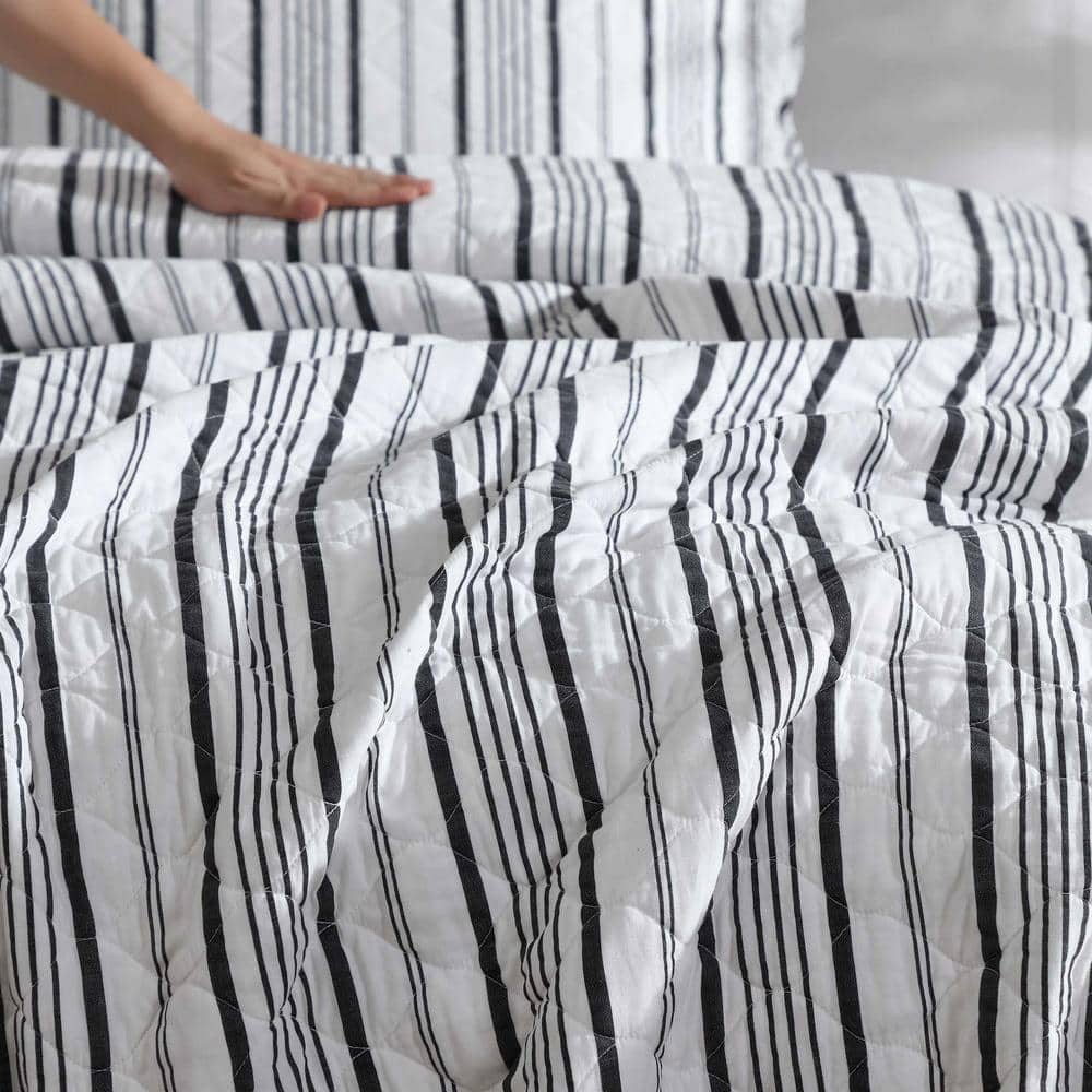 Gray and White Striped Cotton Twin Quilt Set