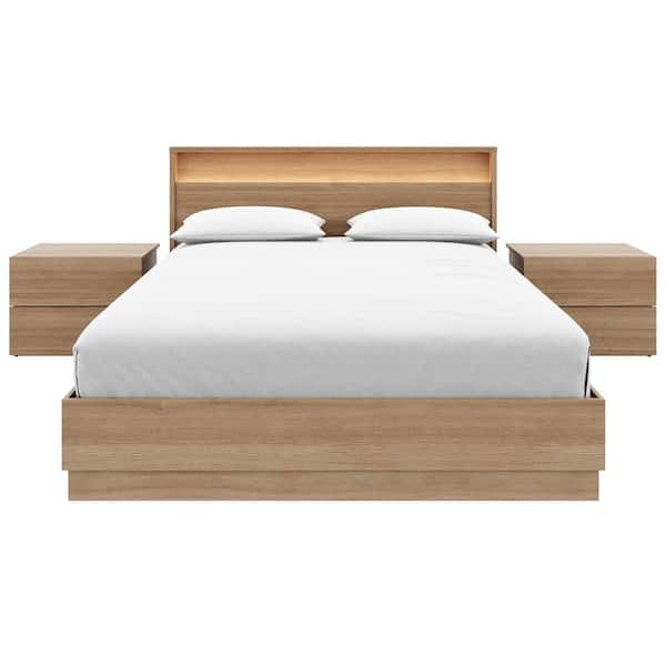 Hudson 4-Piece Brown Oak Wood Composite Queen Size Bedroom Set with Lighted Headboard