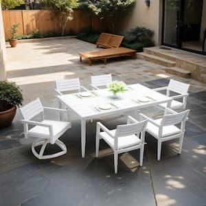 7-Piece Metal Aluminum Outdoor Dining Set, Dining Chairs with Umbrella Holes and Swivel Rocking Chair, White Cushions