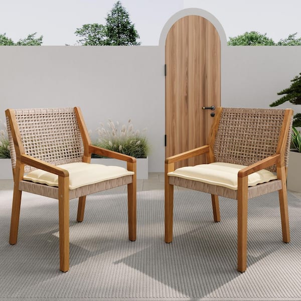 CHRISTOPHER KNIGHT HOME Aspen Patio Solid Wood and Wicker Woven Outdoor Dining Chairs with Cream Cushions, Teak Finish + Brown, Set of 2