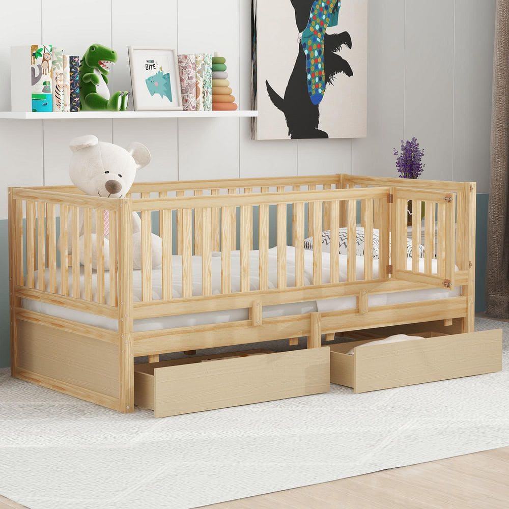 Detachable Natural Twin Size Wood Daybed with Fence Guardrails, 2-Drawer, Split into Independent Floor Bed and Daybed