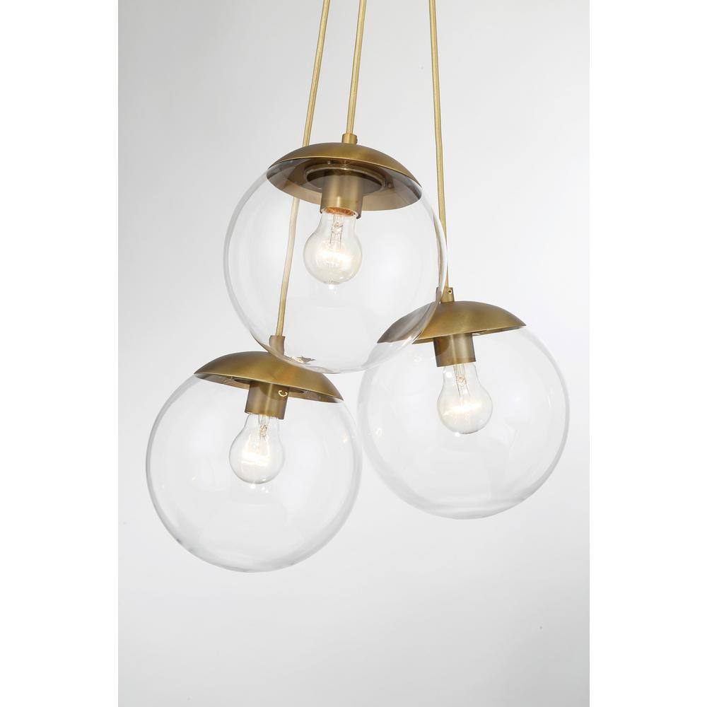 Soft Brass and Clear Glass 3-Light Globe Pendant