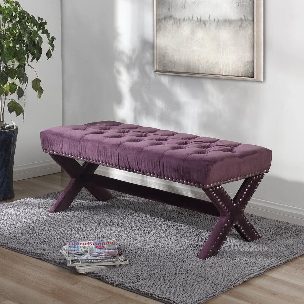 Inspired Home Bryoni Plum Velvet Bench Button Tufted Nailhead Trim X ...