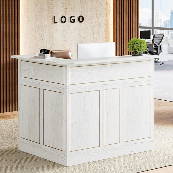 Lanita 51.2 in. L-Shaped White Wood Reception Desk with Storage Shelves, Modern Front Desk Reception Counter Table
