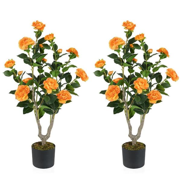 3 ft. Artificial Orange Camellia Tree with Orange Blooming Flower in Pot for In-Outdoor Decor (2 Pack)