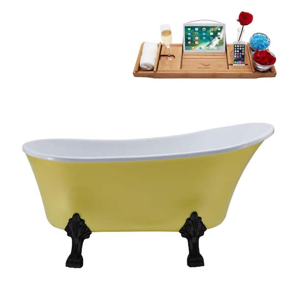 Streamline 63 in. x 28.3 in. Acrylic Clawfoot Soaking Bathtub in Matte Yellow with Matte Black Clawfeet and Matte Pink Drain