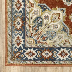 Rust Beige Teal Blue and Gold 2 ft. x 8 ft. Oriental Power Loom Stain Resistant Runner Rug