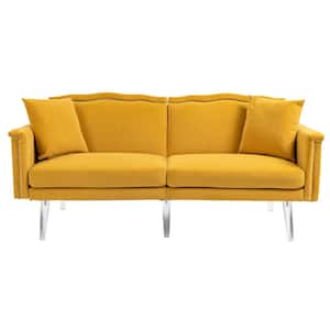 64 in. Full Size Modern Mustard Yellow Velvet Upholstered Sofa Bed with 2 Pillows