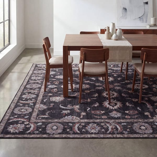 Arabella Vintage Floral Border Machine-Washable Dark Gray/Multi 9 ft. x 12 ft. Area Rug