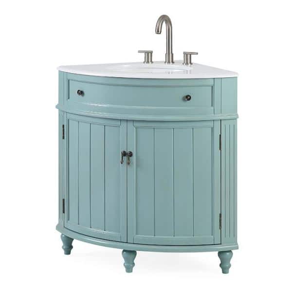 24" Light Blue Wood Corner Bathroom Vanity with White Marble Top