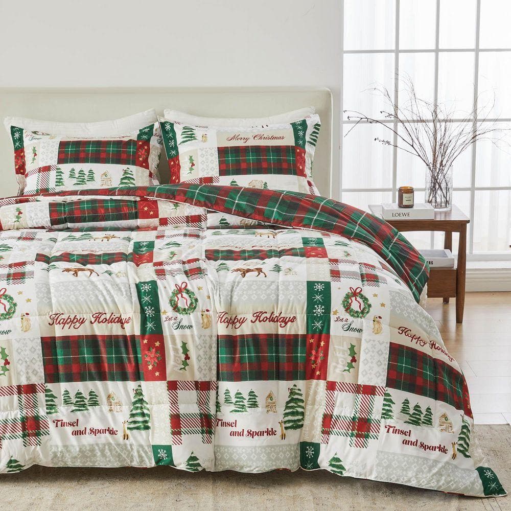 FRESHFOLDS Red Reversible Down Alternative Microfiber Comforter Set, Twin / Twin XL, Holiday Patchwork