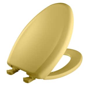 Slow Close Elongated Closed Front Plastic Toilet Seat in Yellow Removes for Easy Cleaning and Never Loosens