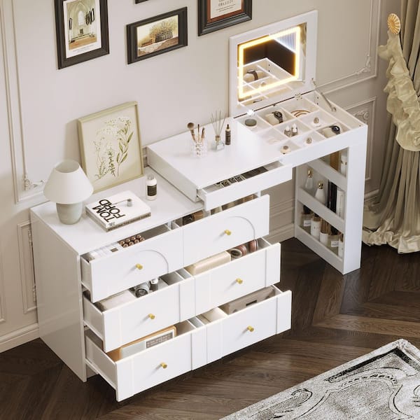 Harper & Bright Designs White Modern Makeup Vanity Desk with LED Lighted Mirror, Lift-Top Jewelry Organizer, 7 Drawers, 3 Shelves