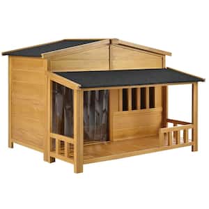 Wooden Dog House, Outdoor and Indoor Dog Crate, Pet Kennel with Porch, Solid Wood in Natural Wood