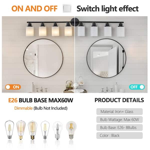 52 in. 8-Light Black Bathroom Light Fixtures Black Bathroom Vanity Light Over Mirror with Opal White Glass Shade