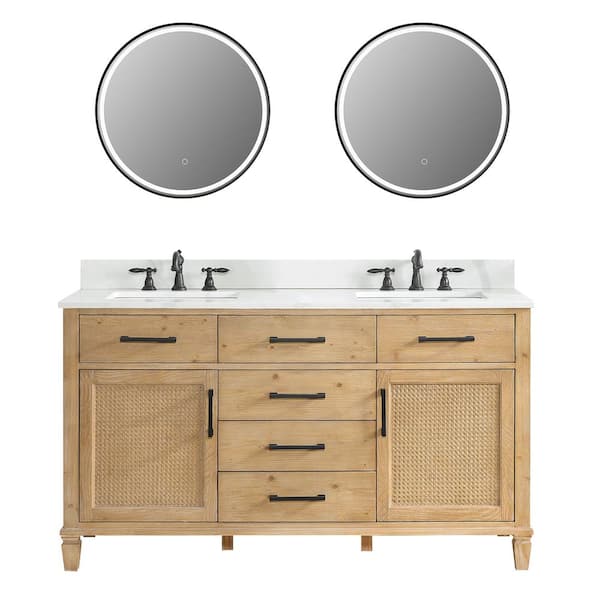 Altair Solana 60 in. W x 22 in. D x 34 in. H Double Sink Bath Vanity in Weathered Fir with White Quartz Top and Mirror