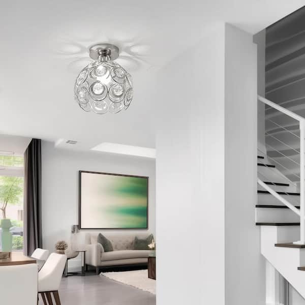 7 in. Elegant Silver Mini Crystal Semi-Flush Mount-Modern 1-Light Fixture for Living Room, Foyer, or Hallway