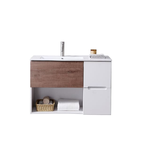 Unbranded 36 in. W x 18 in. D Floating Bathroom Vanities in Brown Wood Grain and White combination with White Ceramic Sink