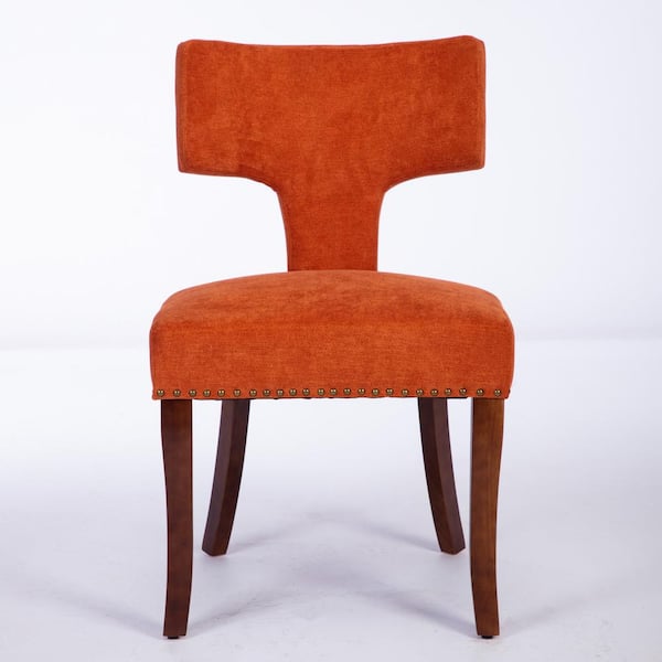 Zeus & Ruta 2-Piece Orange Steel Metal Outdoor Dining Chairs with Gray Cushions, Chair Curved Backrest with Copper, Brown Wood Legs