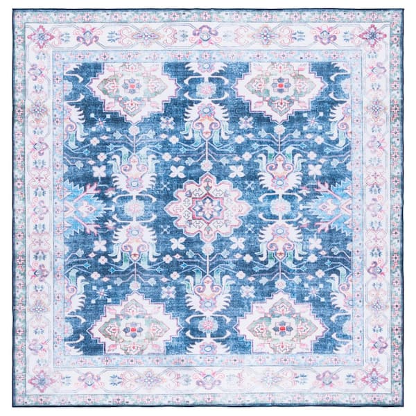 Martha Stewart Washable Navy/Beige 6 ft. x 6 ft. Machine Washable Floral Border Square Area Rug