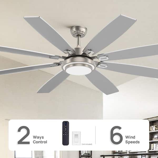 72 in. Nickel Finish Silver Reversible Blades Downrod Mount Ceiling Fan with Integrated LED and Remote Control