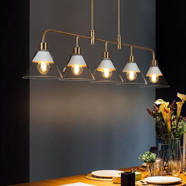 Uolfin 35.5 in. 5-Light Mid-Century Modern Plated Brass Kitchen Island Chandelier with Tiered Shades, Dining Room Chandelier