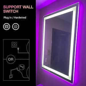 28 in. W x 36 in. H Rectangular Frameless RGB Backlit & LED Frontlit Anti-Fog Tempered Glass Wall Bathroom Vanity Mirror