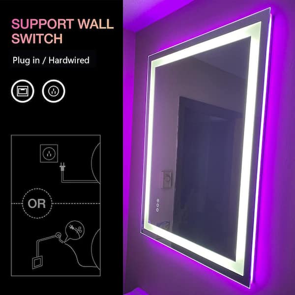 28 in. W x 36 in. H Rectangular Frameless RGB Backlit & LED Frontlit Anti-Fog Tempered Glass Wall Bathroom Vanity Mirror