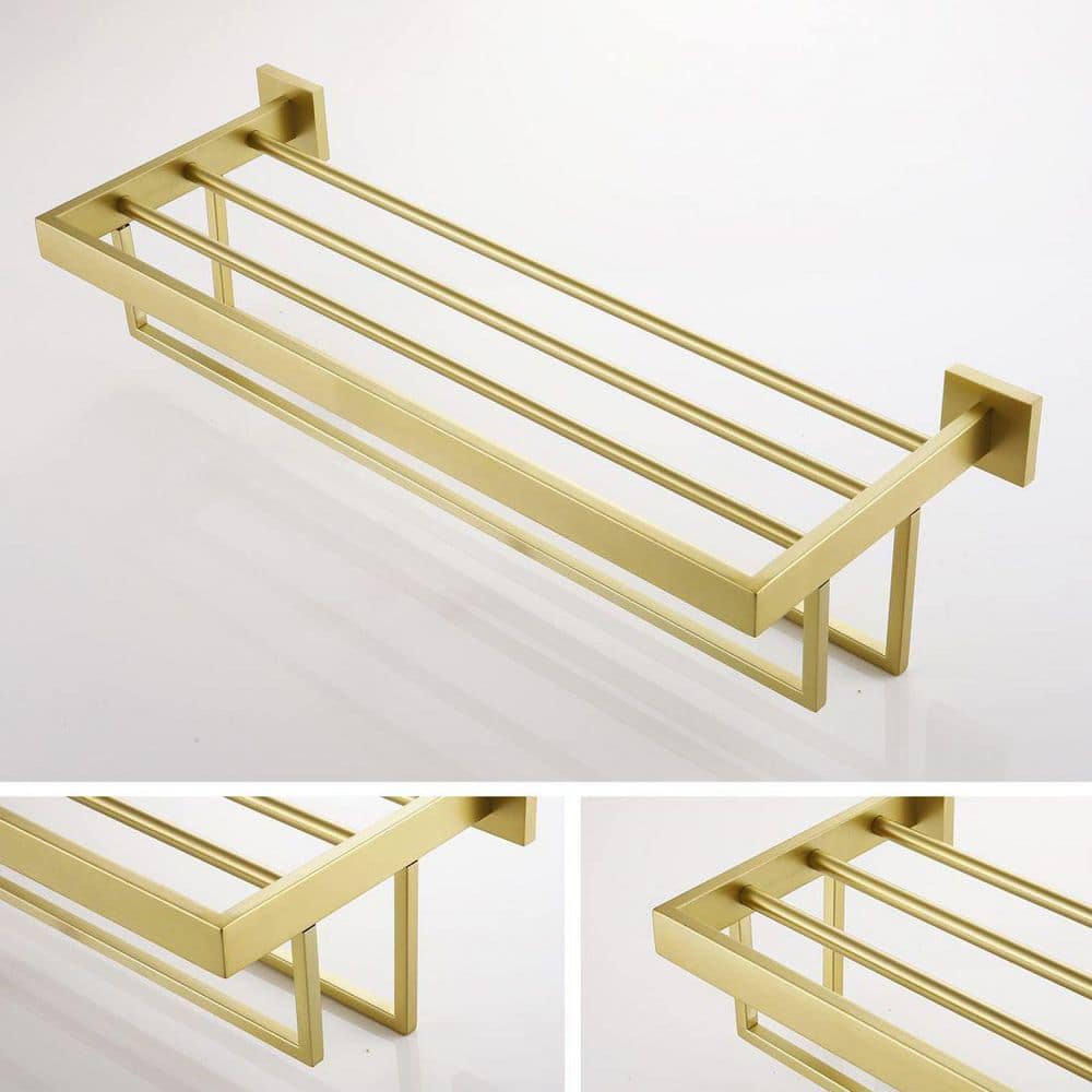 Brushed Gold Wall Mounted Double Towel Rack with Shelf