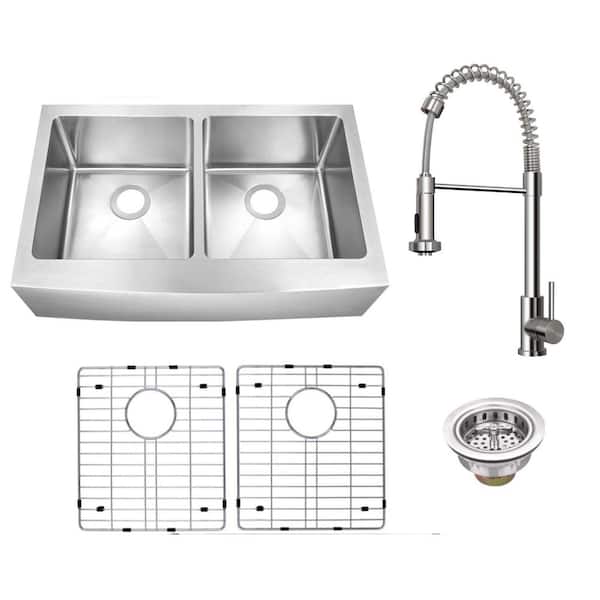 33 in. Farmhouse Apron Front Undermount 50/50 Double Bowl 16-Gauge Stainless Steel Sink with Pull-down Spray Faucet